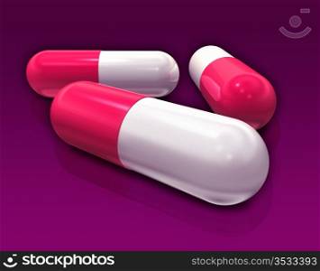 3D capsule pills isolated on purple background. capsule pill