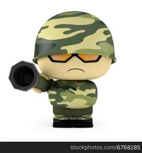 3D Cartoon character. Soldier holding an antitank rocket launcher weapon. Isolated on white background with clipping path.