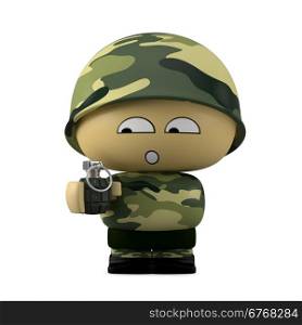 3D Cartoon character. Worried soldier holding a hand grenade isolated on white background with clipping path.