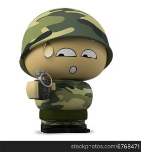 3D Cartoon character. Worried soldier holding a hand grenade isolated on white background with clipping path.