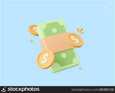 3d cartoon design illustration of Banknote with dollar coin.