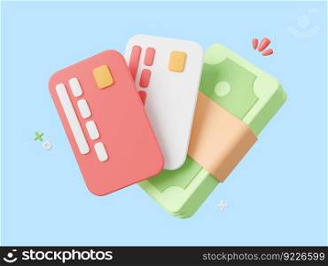 3d cartoon design illustration of Credit cards with banknote, Payments by credit card.