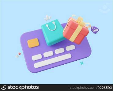 3d cartoon design illustration of Credit cards with shopping bag and gift box, Shopping online and payments by credit card.