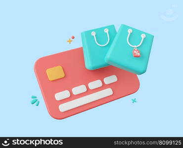 3d cartoon design illustration of Credit cards with shopping bags, Shopping online and payments by credit card.