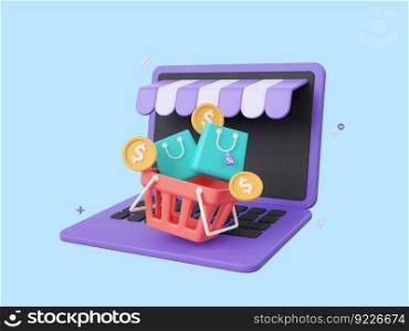 3d cartoon design illustration of Laptop with shopping basket and shopping bags, Shopping online concept.