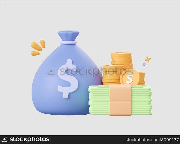 3d cartoon design illustration of Money bag, dollar coin and banknote, Money savings concept.