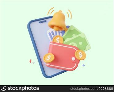 3d cartoon design illustration of Notification bell via smartphone application online payments concept, money transfer, financial transactions and credit card payments.