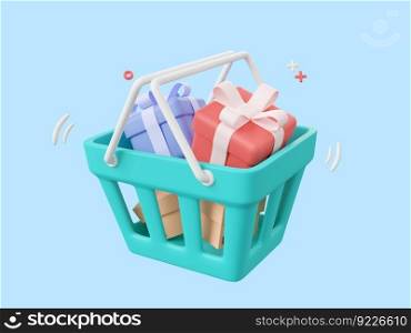 3d cartoon design illustration of Parcel boxes and gift boxes in shopping basket, Shopping online concept.