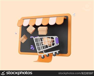3d cartoon design illustration of Shop screen monitor with shopping cart and parcel box, Shopping online concept.