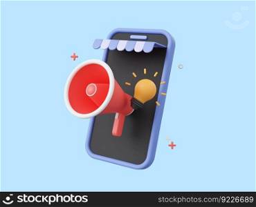 3d cartoon design illustration of Shop smartphone megaphone with light bulb icon isolated, Shopping online and advertising marketing promotion concept.