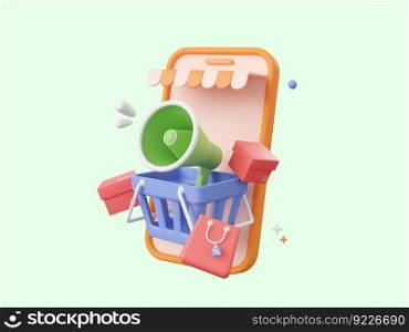 3d cartoon design illustration of Shop smartphone with megaphone in shopping basket and shopping bag, Advertising marketing promotion concept.