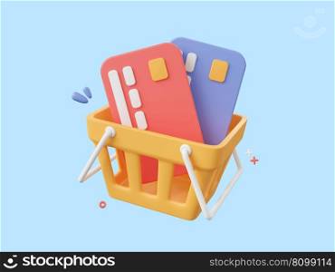 3d cartoon design illustration of Shopping cart and credit cards, Shopping and payments by credit card.