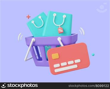 3d cartoon design illustration of Shopping cart and shopping bags with discount tag, Payments by credit card.