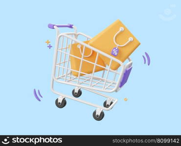 3d cartoon design illustration of Shopping cart and shopping bags with discount tag, Shopping online concept.