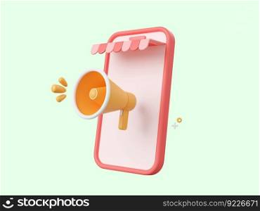 3d cartoon design illustration of Smartphone with megaphone for online shopping, discount coupon and special offer promotion.