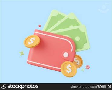 3d cartoon design illustration of Wallet with dollar coin and banknote.