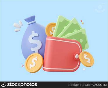 3d cartoon design illustration of Wallet with dollar coin and banknote, Money savings concept.