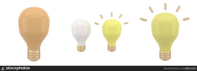 3d cartoon style minimal yellow light bulb icon set. Idea, solution, business, strategy concept. Solution and business idea. Thinking, invention symbol.