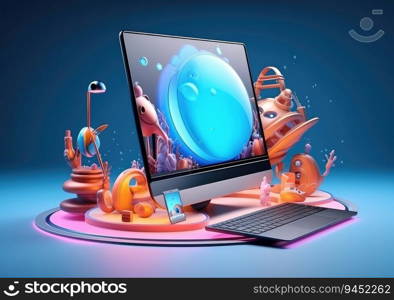 3D cartoon using laptops and sitting in chairs. Cute cartoon working, playing social media, technology futuristic, poster. AI Generative