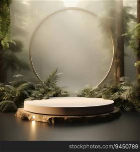 3D Ceramic Round Podium Stage product display With Nature scenery landscape Background. AI Generative