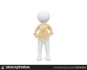 3d character and email sign on a white background. 3d render illustration.. 3d character and email sign on a white background.