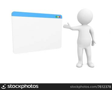 3d character and internet browser on a white background. 3d render illustration.. 3d character and internet browser on a white background.