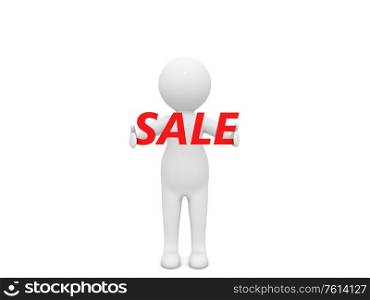 3d character and the word sale on a white background. 3d render illustration.. 3d character and the word sale on a white background.