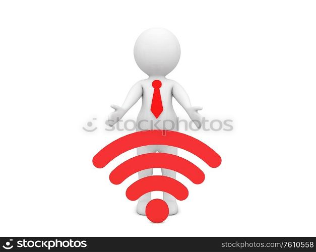 3d character and wi-fi sign on a white background. 3d render illustration.. 3d character and wi-fi sign on a white background.
