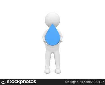 3d character businessman and a drop of water in hands on a white background. 3d render illustration.. 3d character businessman and a drop of water in hands on a white background.