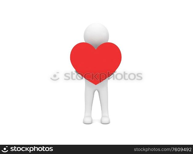 3d character holding a heart on a white background. 3d render illustration.. 3d character holding a heart on a white background.