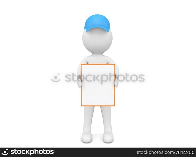 3d character holding an advertising poster. 3d render illustration.. 3d character holding an advertising poster.