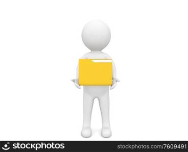 3d character holds a file folder on a white background. 3d render illustration.. 3d character holds a file folder on a white background.
