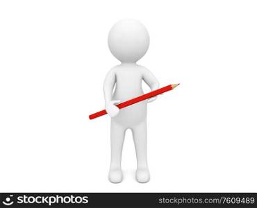 3d character holds a pencil in his hands on a white background. 3d render illustration.. 3d character holds a pencil in his hands on a white background.