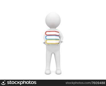 3d character holds books in hands on a white background. 3d render illustration.. 3d character holds books in hands on a white background.