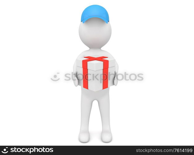 3d character is holding a gift on a white background. 3d render illustration.. 3d character is holding a gift on a white background.