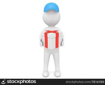 3d character is holding a gift on a white background. 3d render illustration.. 3d character is holding a gift on a white background.