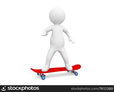 3d character is riding on a skateboard on a white background. 3d render illustration.. 3d character is riding on a skateboard on a white background.