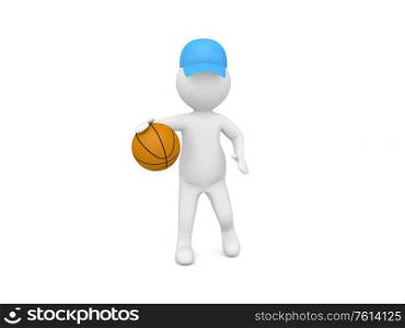 3d character plays with a basketball on a white background. 3d render illustration.. 3d character plays with a basketball on a white background.