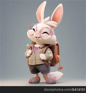 3d character Rabbit as a back to school concept smiling expression. cute 3d on minimal background.