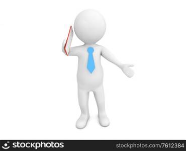 3d character speaks by a mobile phone on a white background. 3d render illustration.. 3d character speaks by a mobile phone on a white background.