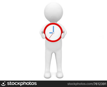3d character with a clock on a white background. 3d render illustration.. 3d character with a clock on a white background.