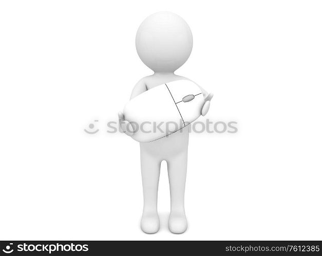 3d character with a computer mouse Isolated on a white background. 3d render illustration.. 3d character with a computer mouse Isolated on a white background.