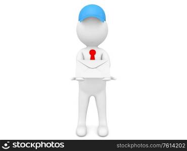 3d character with a mail envelope on a white background. 3d render illustration.. 3d character with a mail envelope on a white background.