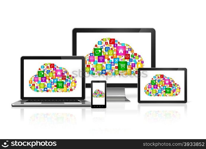 3D Cloud computing symbol in computer set. Cloud computing symbol in computer set