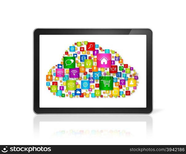 3D Cloud computing symbol in Tablet pc computer - front view - isolated on white. Cloud computing symbol in Tablet pc computer