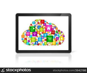 3D Cloud computing symbol in Tablet pc computer - front view - isolated on white. Cloud computing symbol in Tablet pc computer
