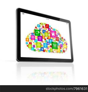 3D Cloud computing symbol on Digital Tablet pc - isolated on white with clipping path. Cloud computing symbol on Digital Tablet pc