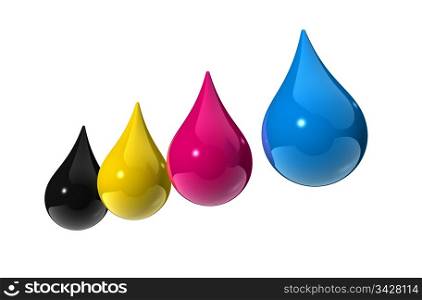 3D cmyk ink drops isolated on white. cmyk ink drops