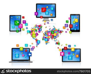 3D Computer devices isolated on white with apps icons. World Cloud Computing Network concept. Cloud Computing Network