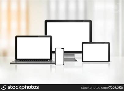 3D computer, laptop, mobile phone and digital tablet pc - office background. computer, laptop, mobile phone and digital tablet pc